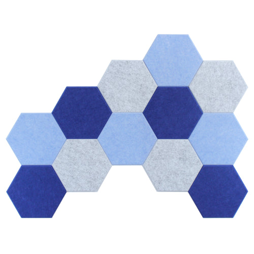 wall of blue and marble white acoustic hexagon panels