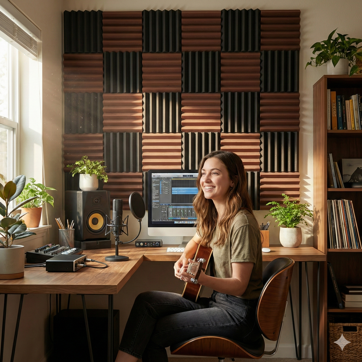 Woman in a home office with soundproofing panels on the wall, holding a guitar.