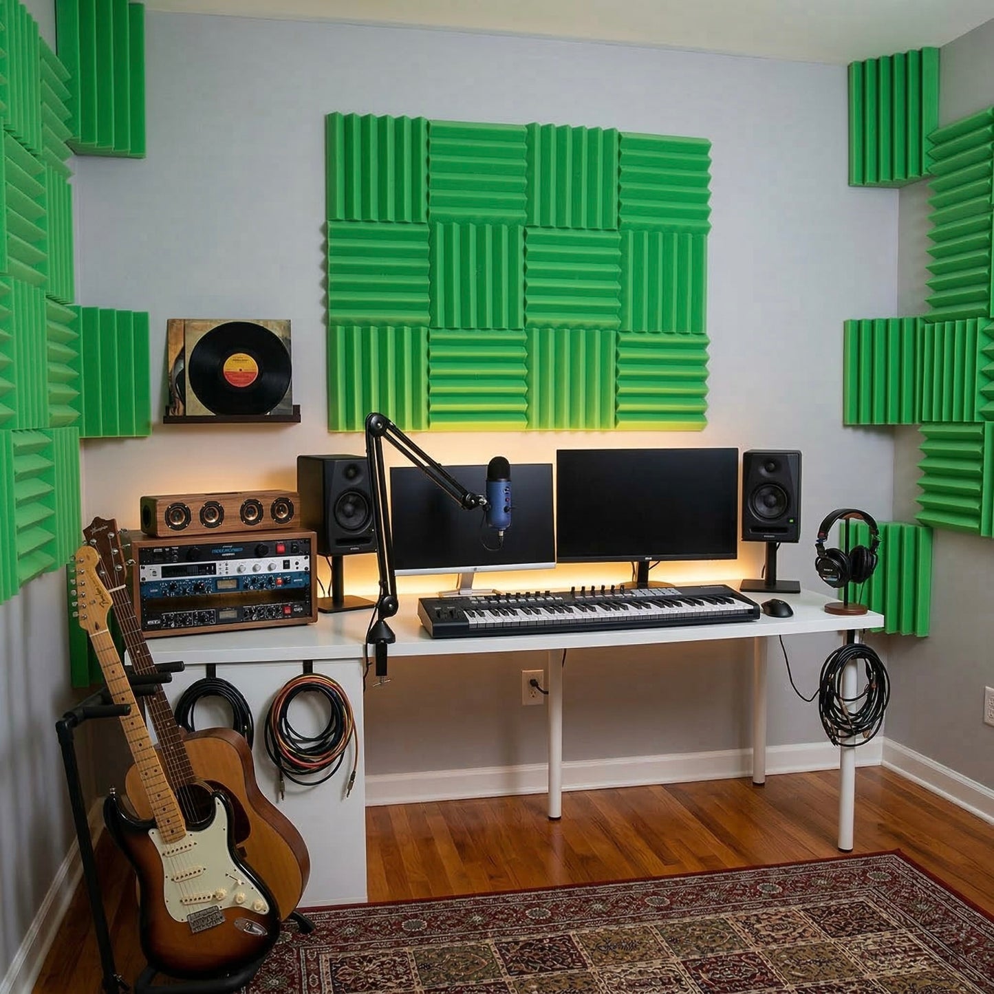 Home studio setup with green acoustic panels on the wall