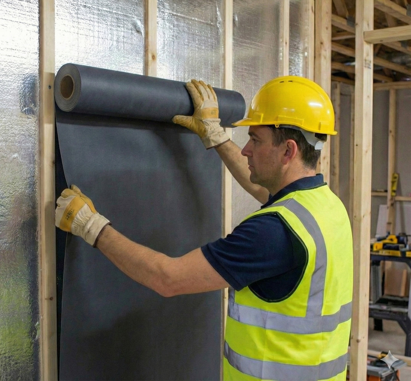 Person in high-visibility vest and hard hat rolling out insulation in a construction setting