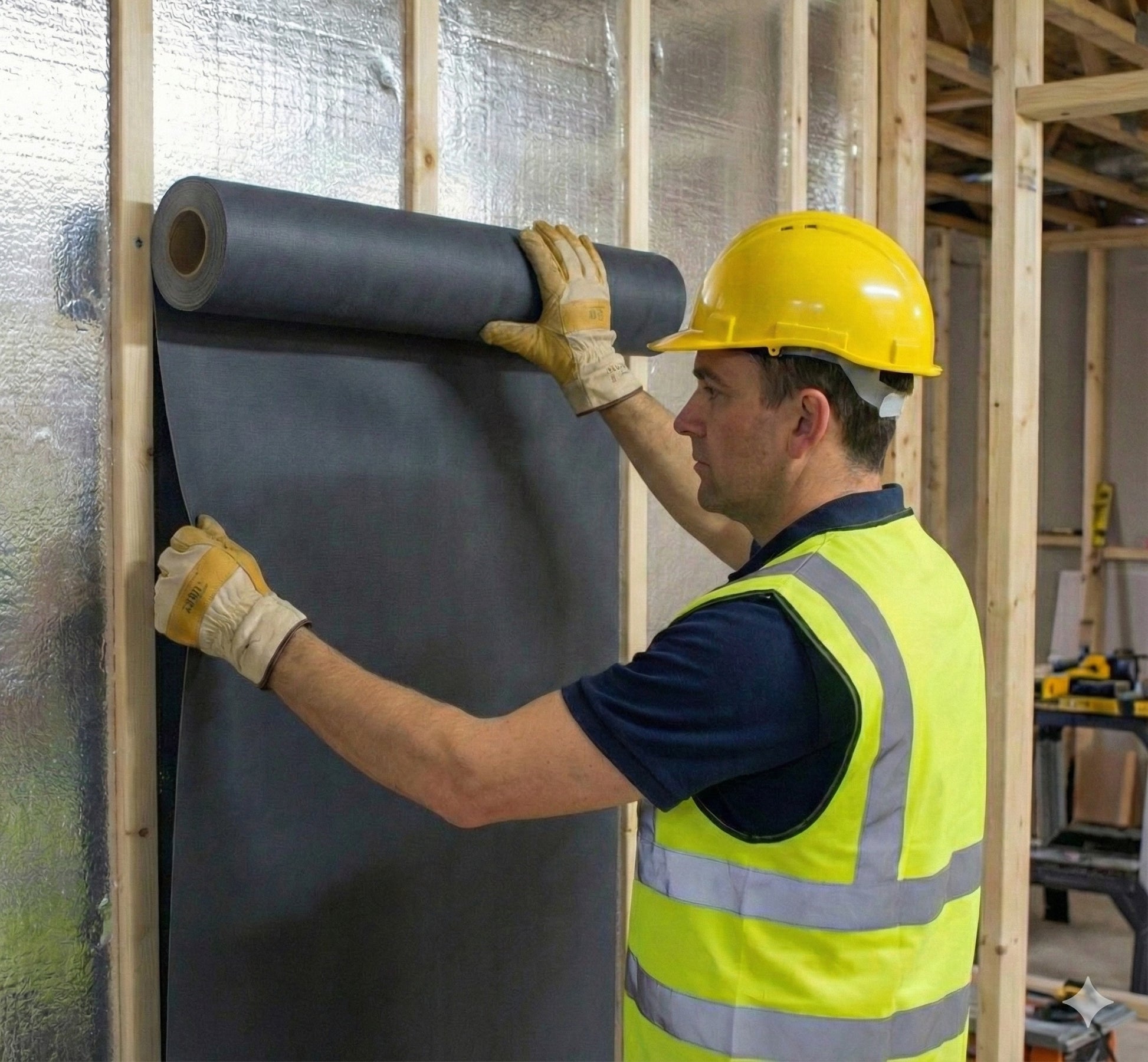 Person in high-visibility vest and hard hat rolling out insulation in a construction setting
