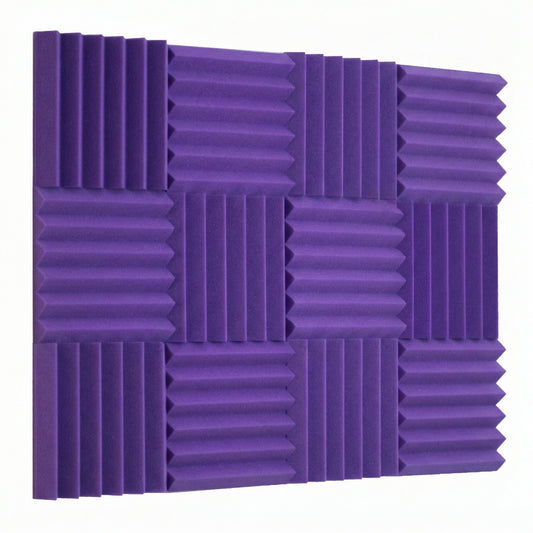 Purple acoustic foam panels arranged in a grid pattern on a white background