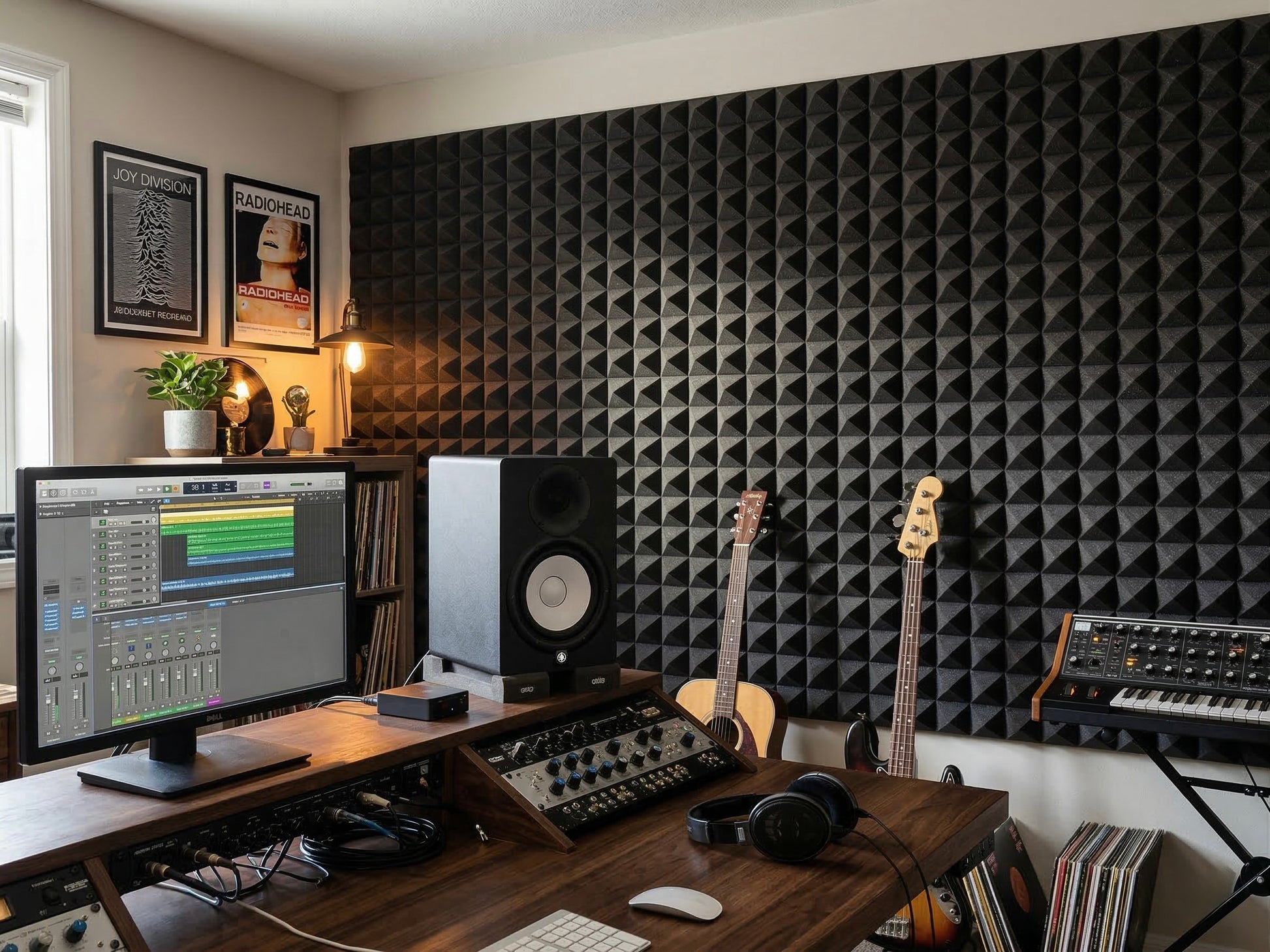 Home studio with soundproofing panels on the wall, music equipment, and computer setup.