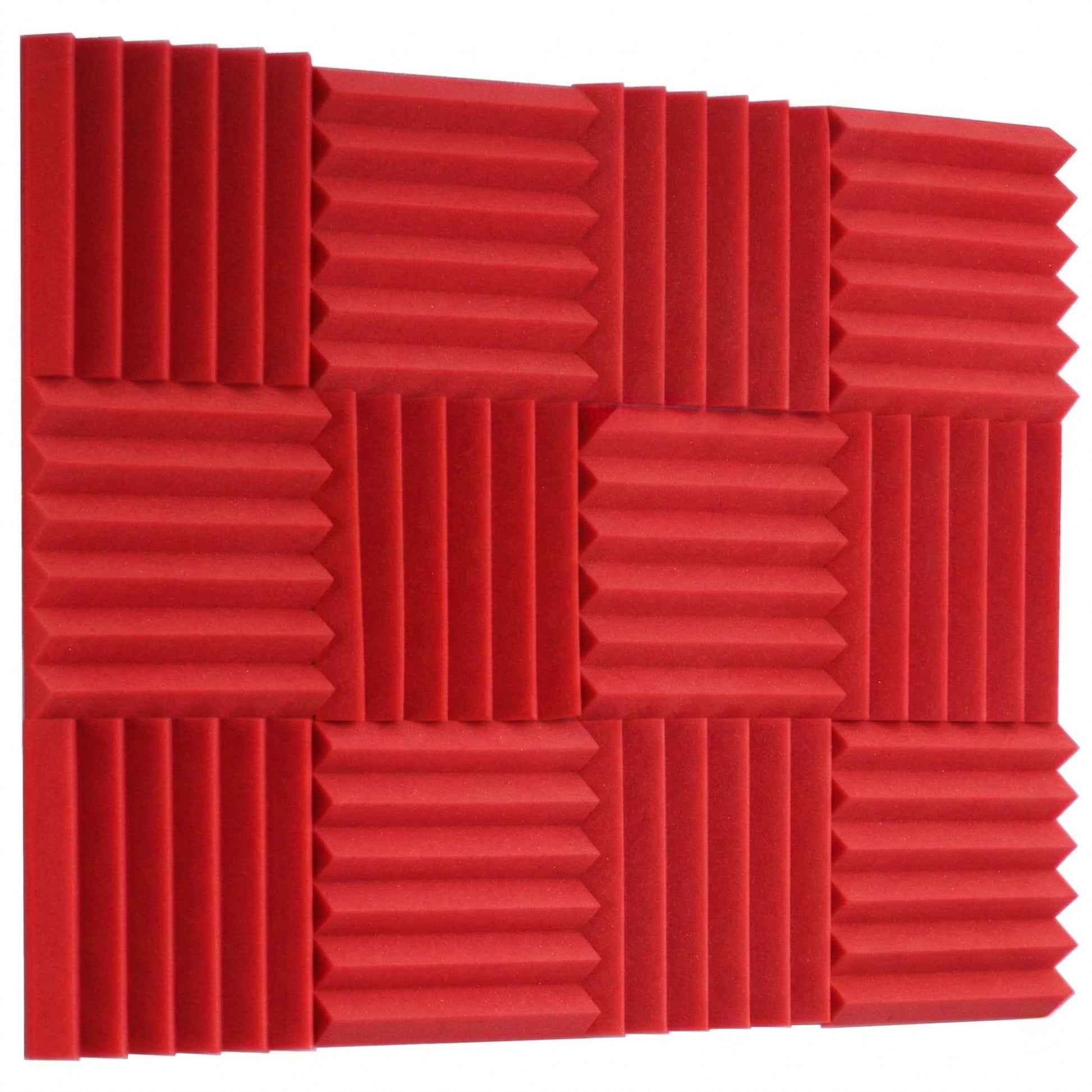 Red acoustic foam panels arranged in a grid pattern on a white background