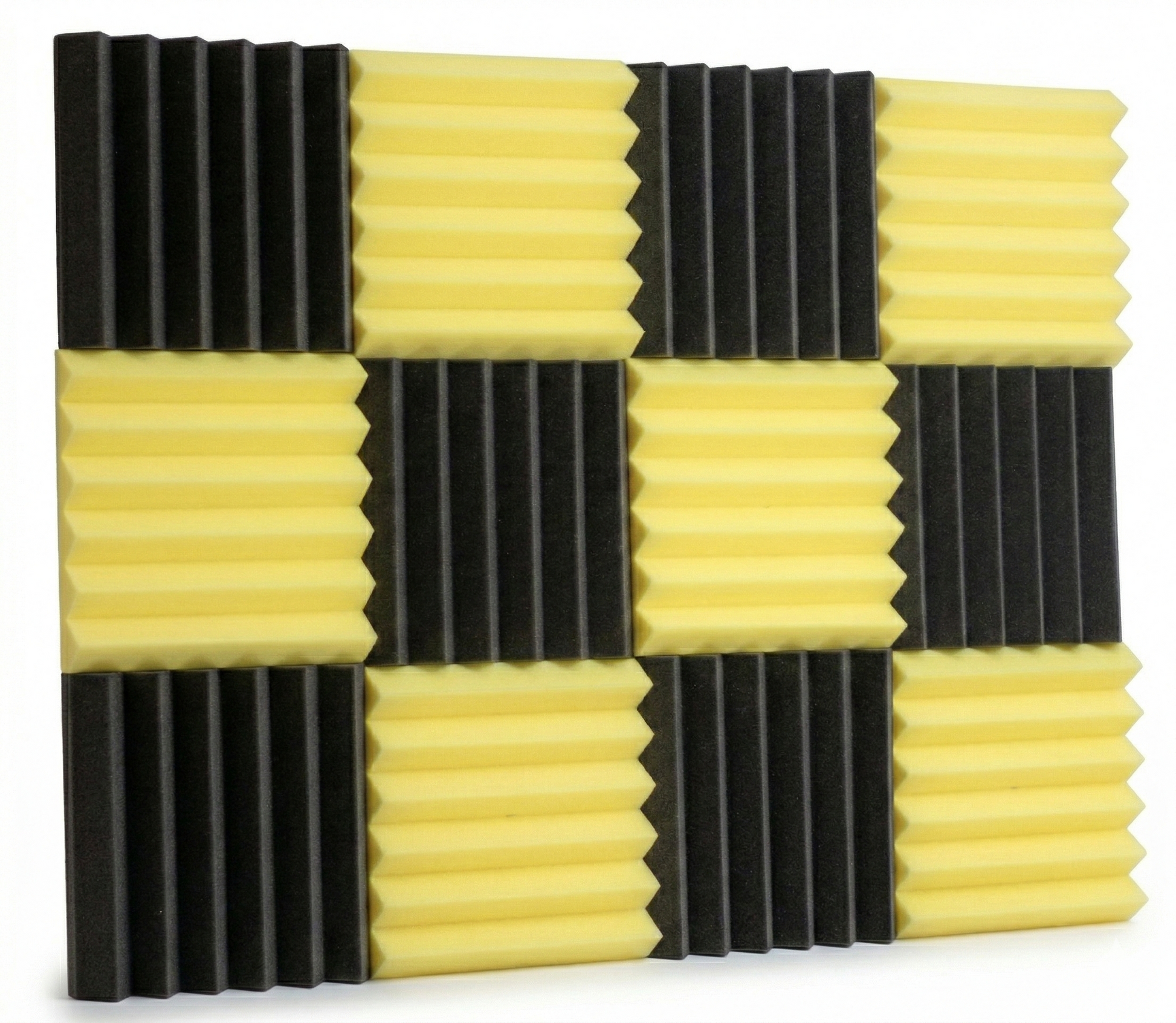 Acoustic foam panels with black and yellow tiles on a white background