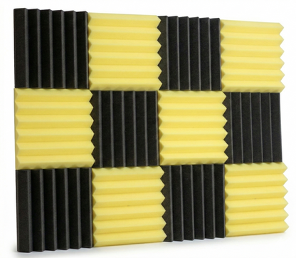 Acoustic foam panels with black and yellow tiles on a white background