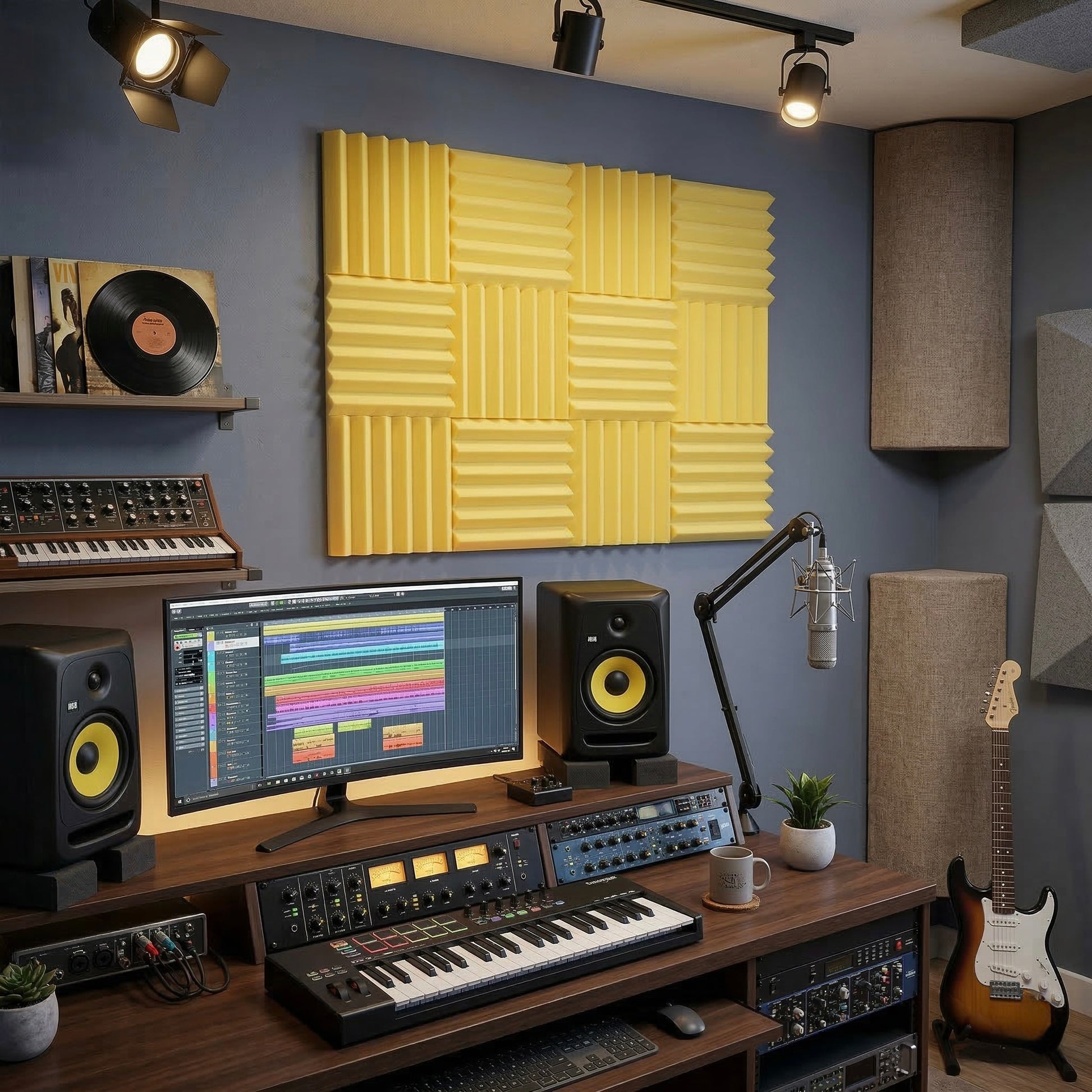 Music production studio with soundproofing panels, equipment, and a computer screen.