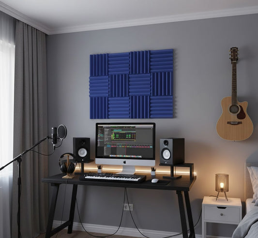 blue acoustic wedge foam tiles on office wall