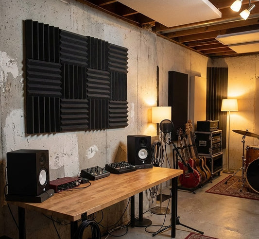 charcoal black wedge acoustic foam tiles on music studio wall