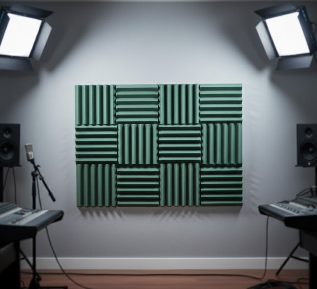 dark green acoustic foam tiles on studio wall