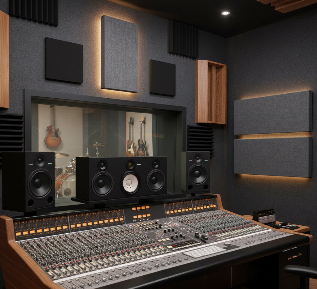 charcoal gray fabric wrapped owens corning panels in recording studio