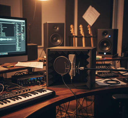Music production setup with microphone, speakers, and computer in a dimly lit room.