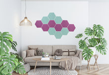 Load image into Gallery viewer, coloRIZE™ Hexagon Decorative Acoustic Panels - Seafoam and Plum (12 Pieces)
