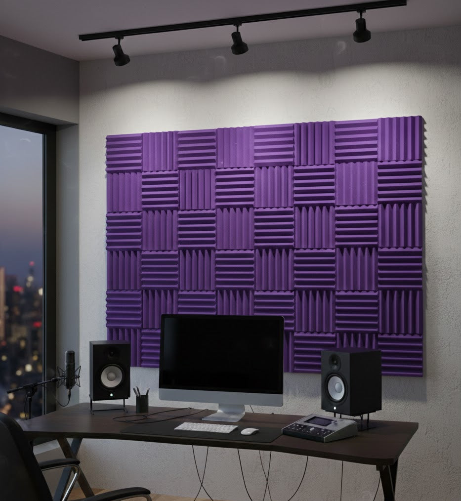 purple wedge acoustic foam tiles on office wall