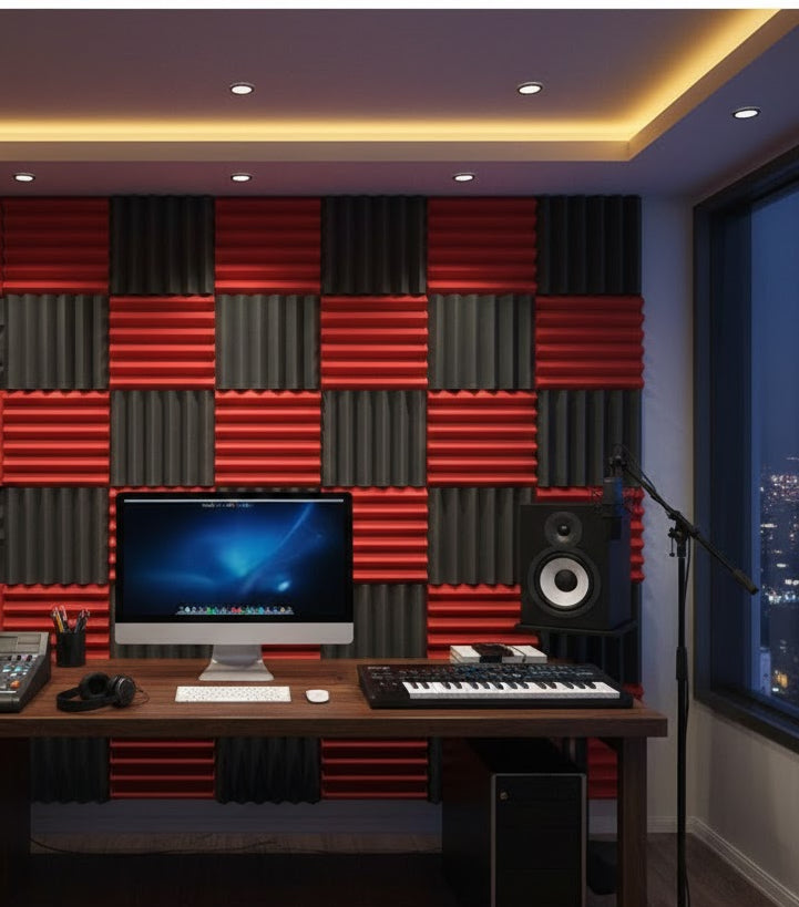red and charcoal acoustic foam tiles in studio office
