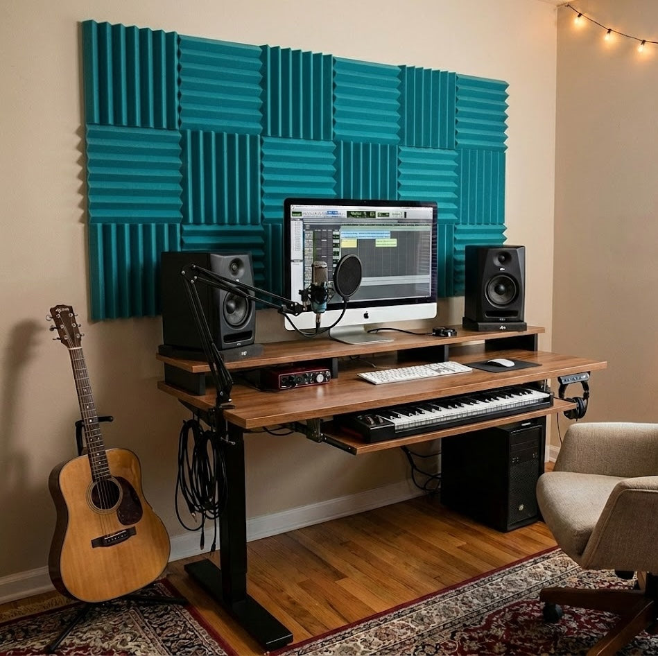 teal wedge acoustic foam tiles on office wall