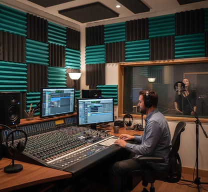teal and charcoal wedge acoustic foam tiles in recording studio