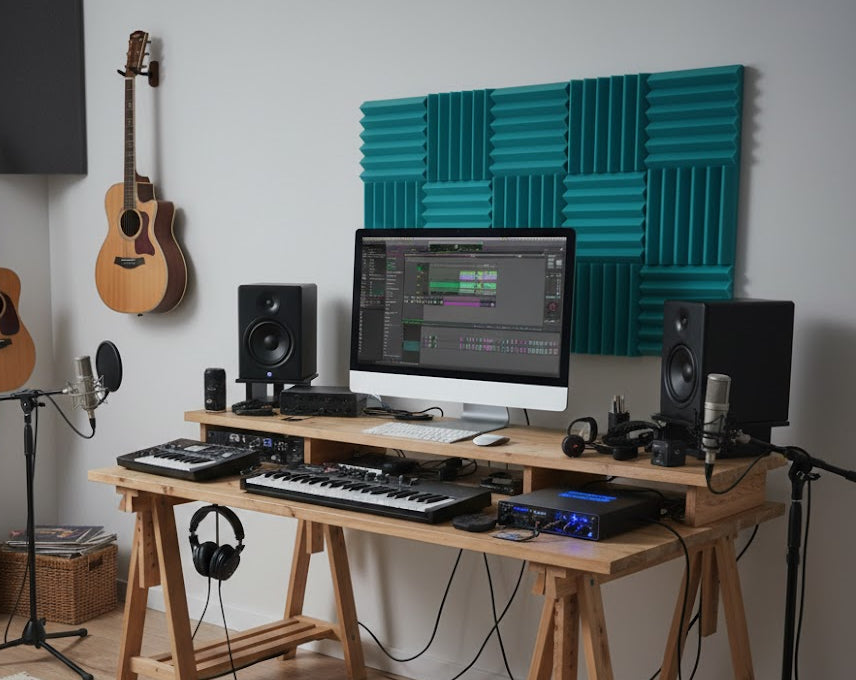 teal wedge acoustic foam tiles on studio wall