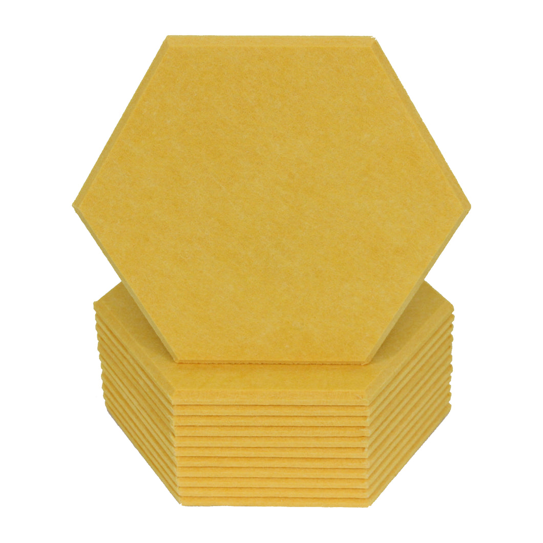stack of maize yellow acoustic hexagon tiles