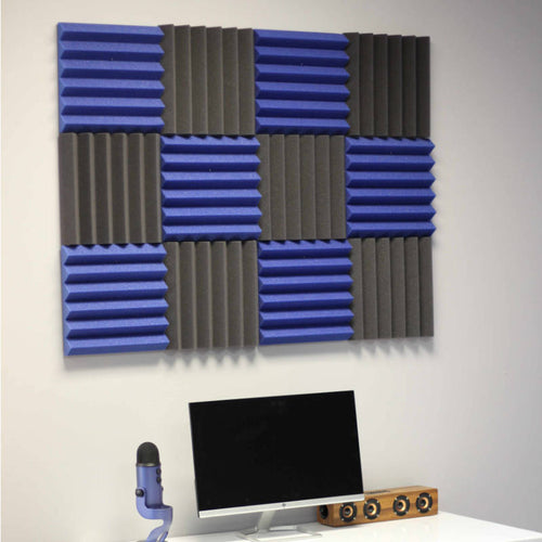 office setup with blue and black acoustic foam wall tiles