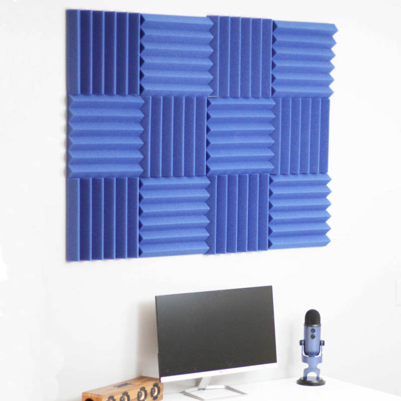 office setup with blue acoustic foam tiles