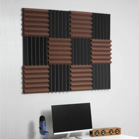 office setup with brown and black acoustic foam wall tiles