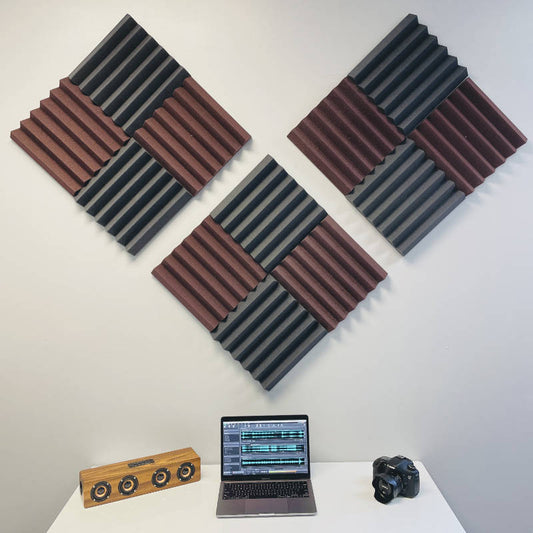 office setup with maroon and charcoal acoustic foam wall panels
