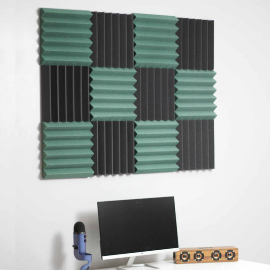 office setup with dark green and black acoustic foam wall tiles