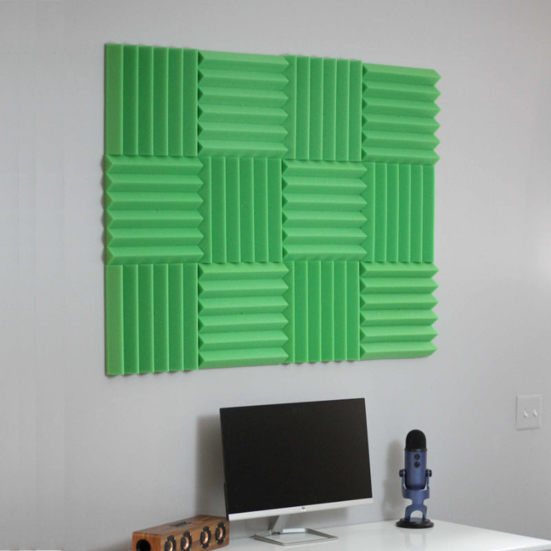 office setup with green acoustic foam noise reduction wall tiles