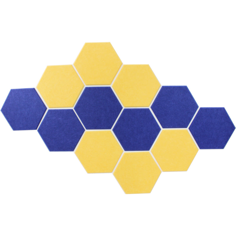 wall of blue and yellow hexagon acoustic panels