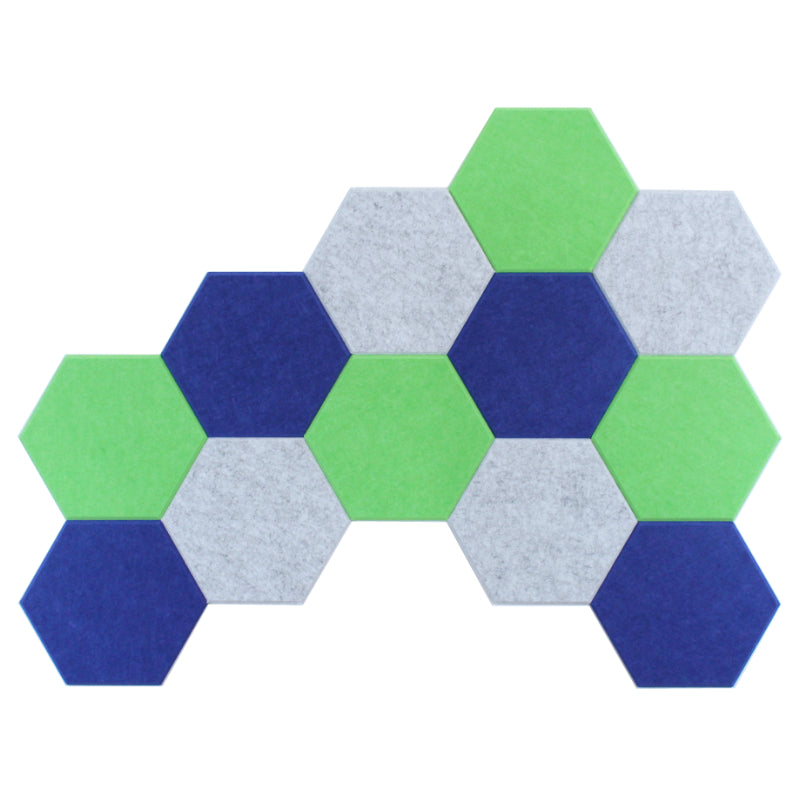 wall of blue green and marble acoustic hexagon panels
