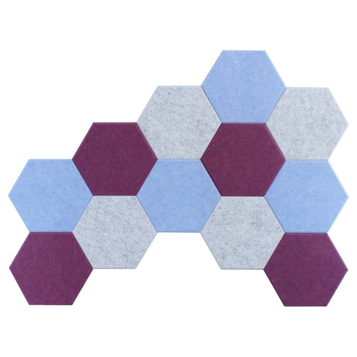wall of purple blue and marble white acoustic hexagon tiles