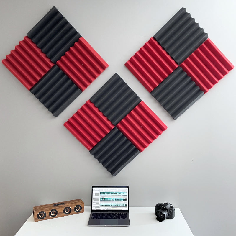 office setup with red and black wedge acoustic foam noise reduction wall tiles