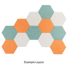 Load image into Gallery viewer, wall of tan green and orange hexagon acoustic panels
