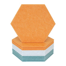 Load image into Gallery viewer, stack of orange tan and green hexagon acoustic tiles
