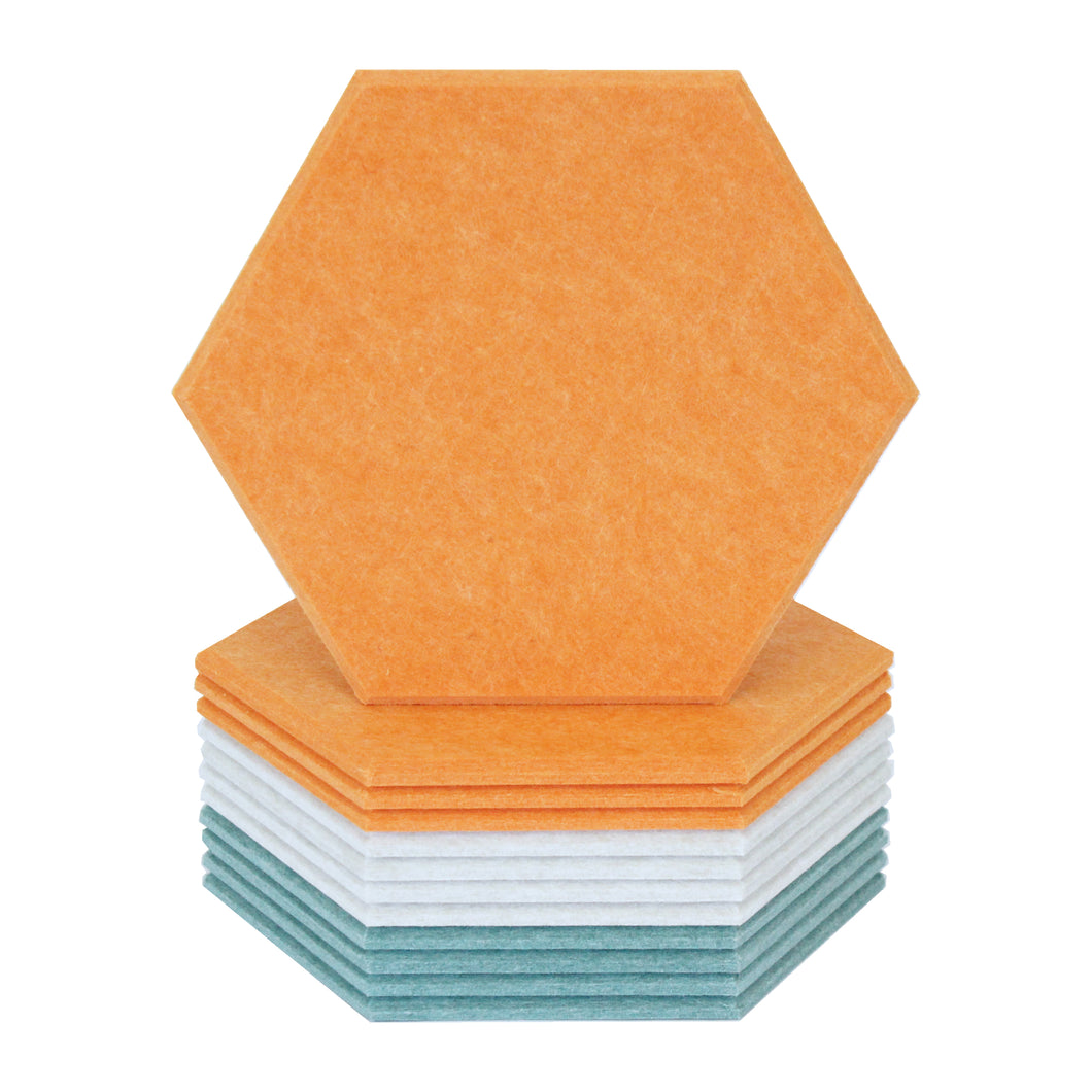 stack of orange tan and green hexagon acoustic tiles